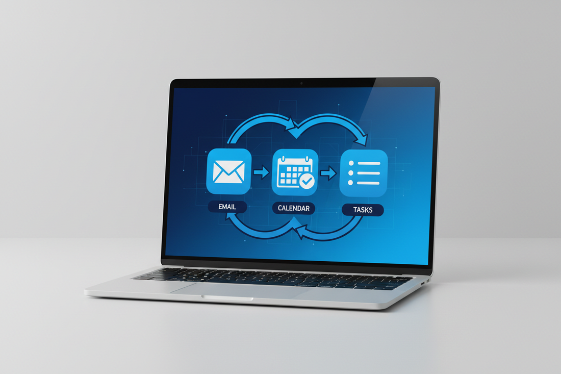 Automated workflow diagram showing connected business tools on a laptop screen