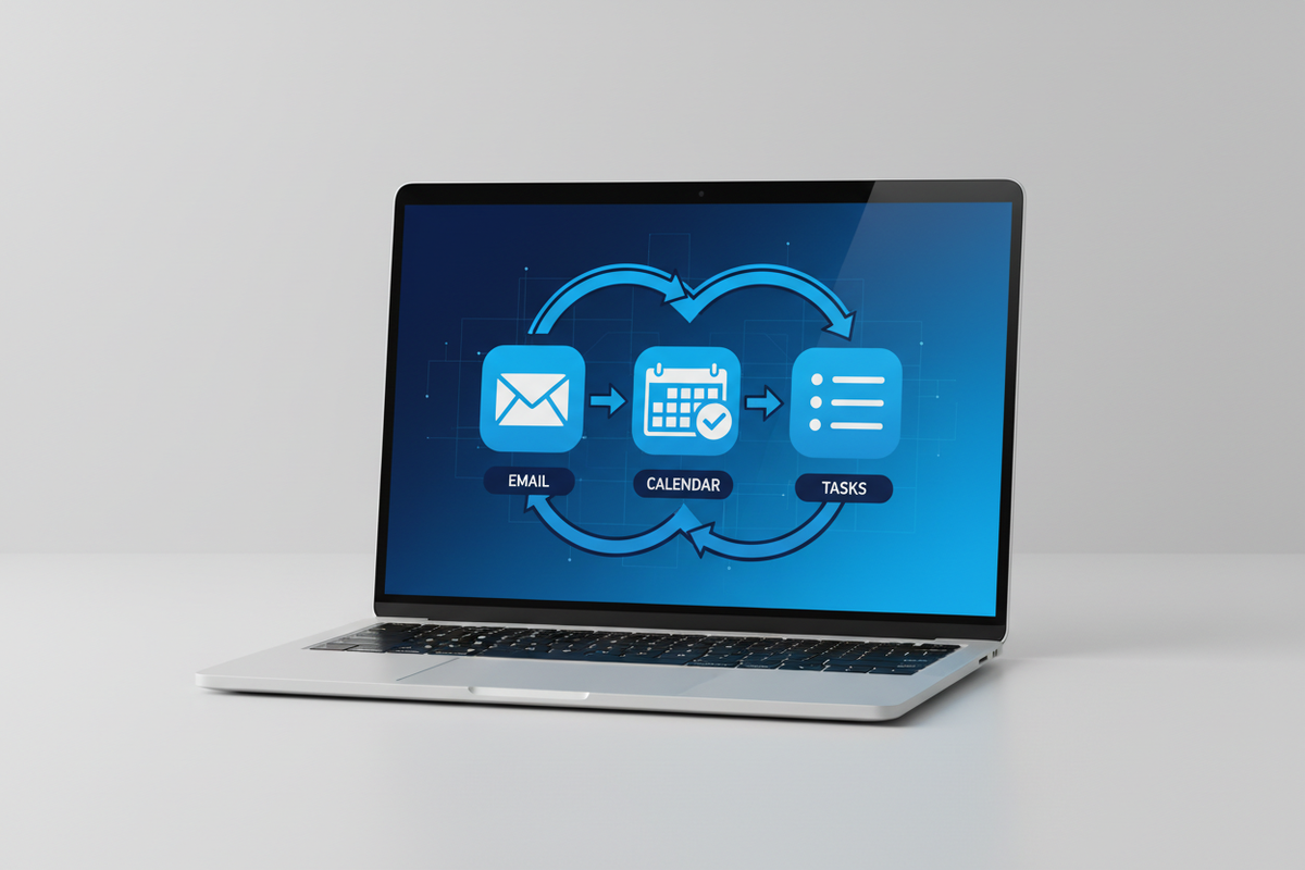 Automated workflow diagram showing connected business tools on a laptop screen