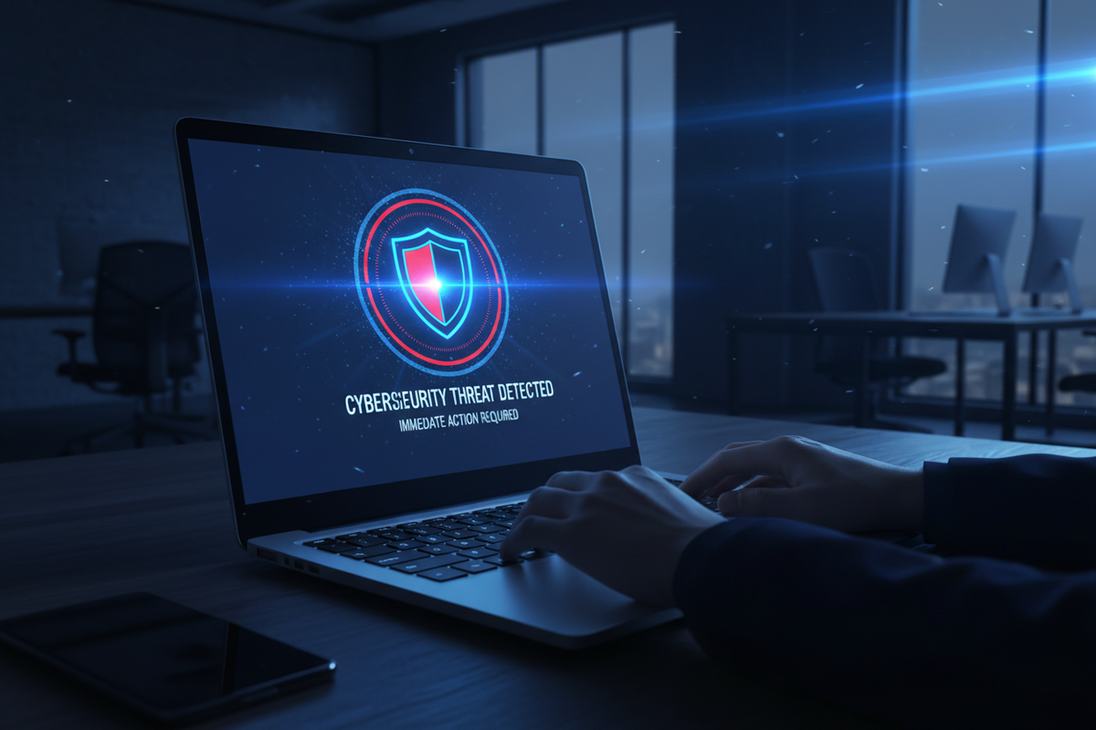 A business laptop showing a cybersecurity warning shield on screen