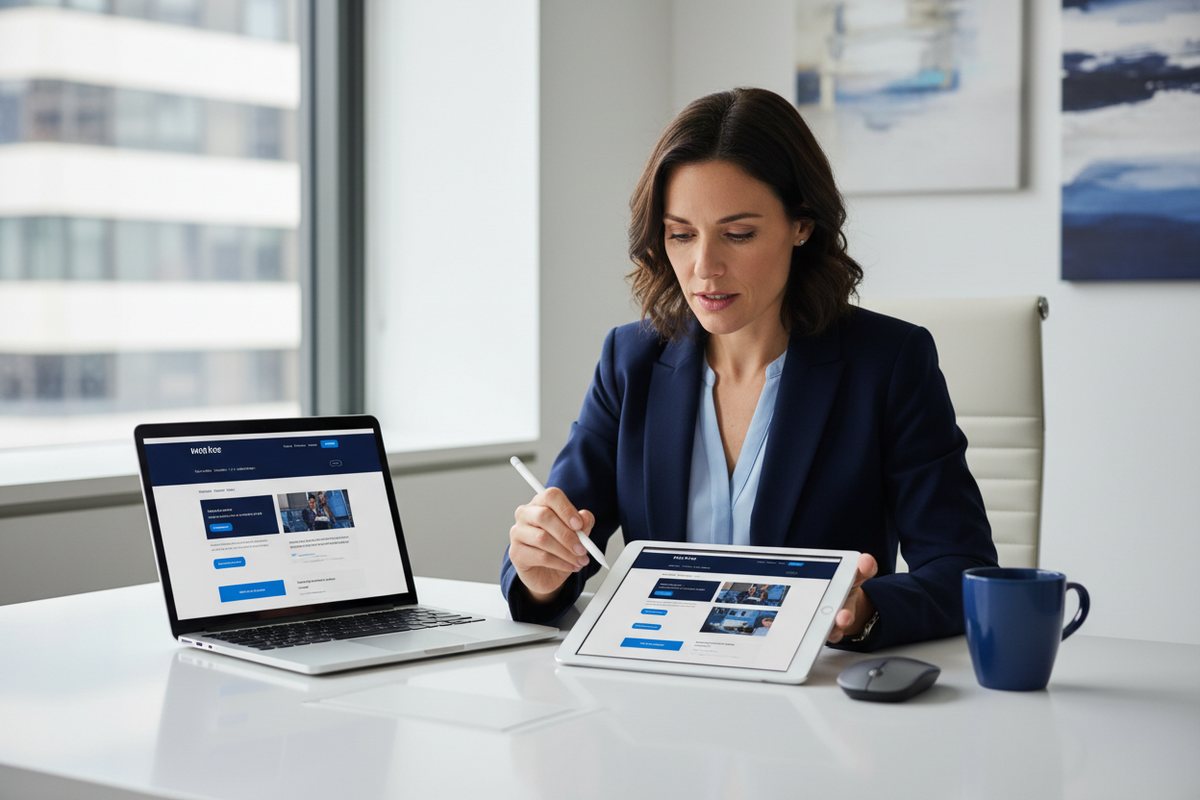 Small business owner comparing website designs on a laptop and tablet