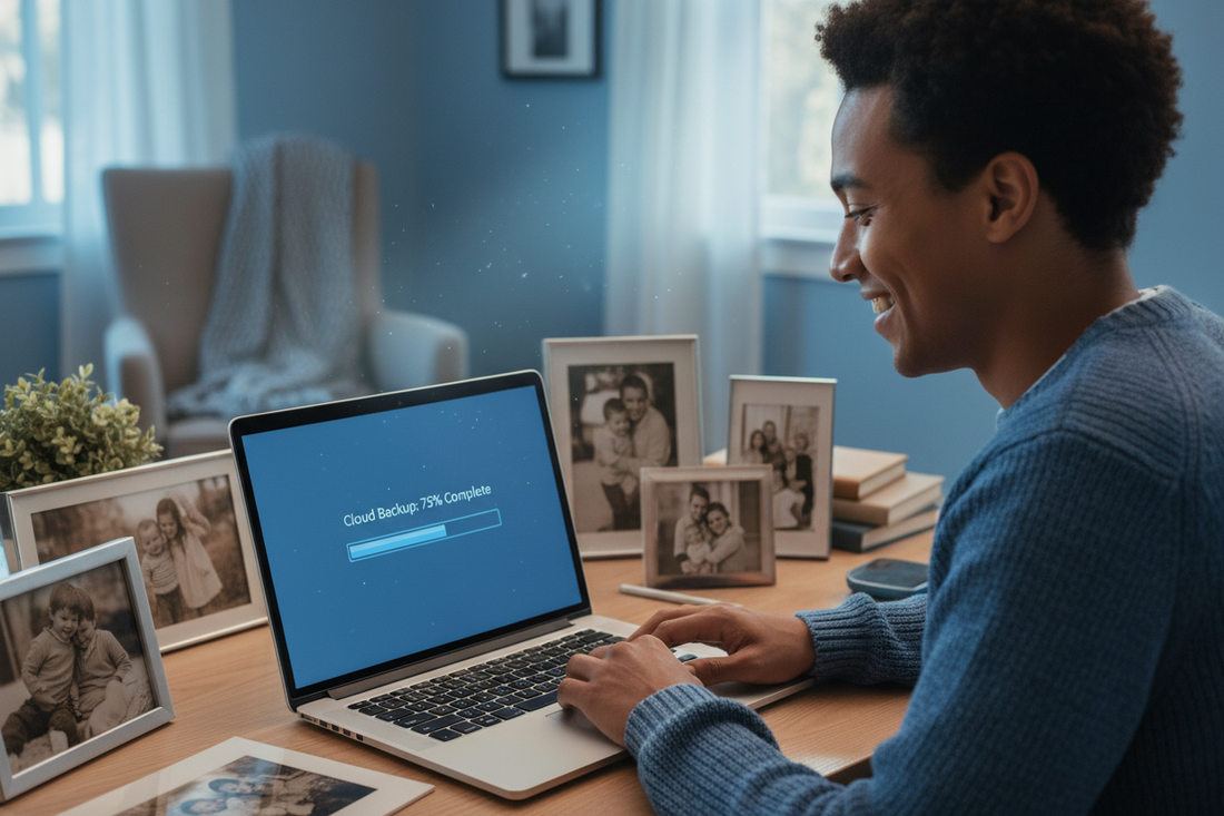 Person smiling at a laptop showing a cloud backup progress bar