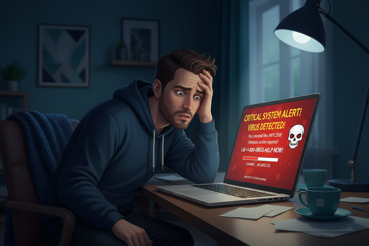 Person looking at a fake virus warning scam pop-up on their laptop