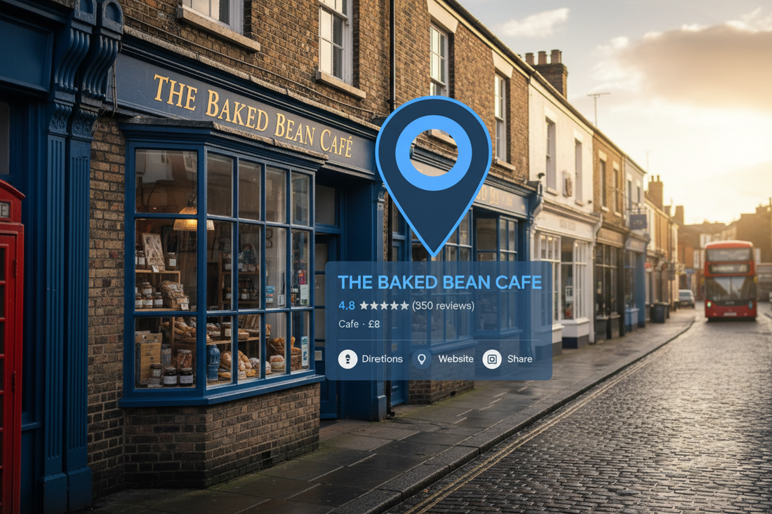 A Google Maps pin over a small UK high street shop representing a Google Business Profile
