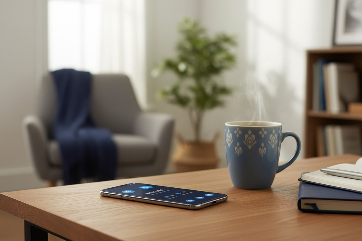 A brand new smartphone being set up on a wooden desk