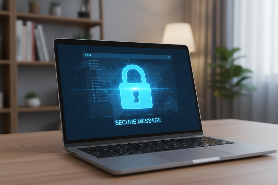 A glowing blue padlock overlaid on an email inbox on a laptop screen