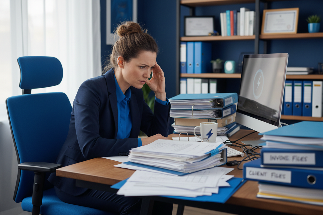 Small business owner looking frustrated at a slow computer