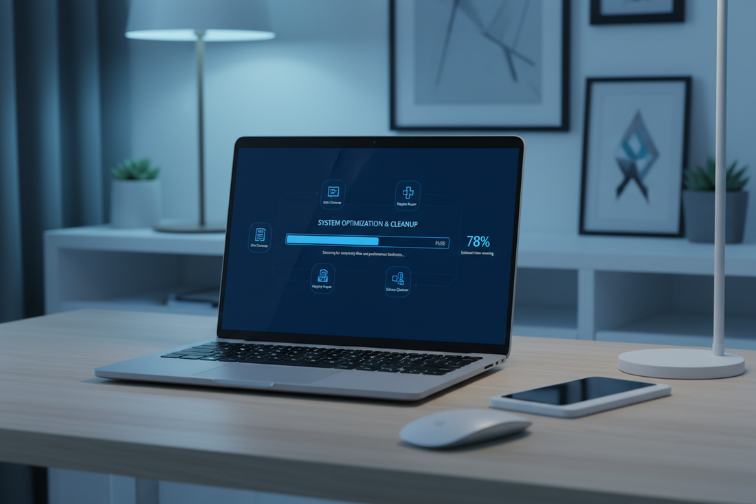 Windows laptop running a speed optimisation clean-up on a home desk