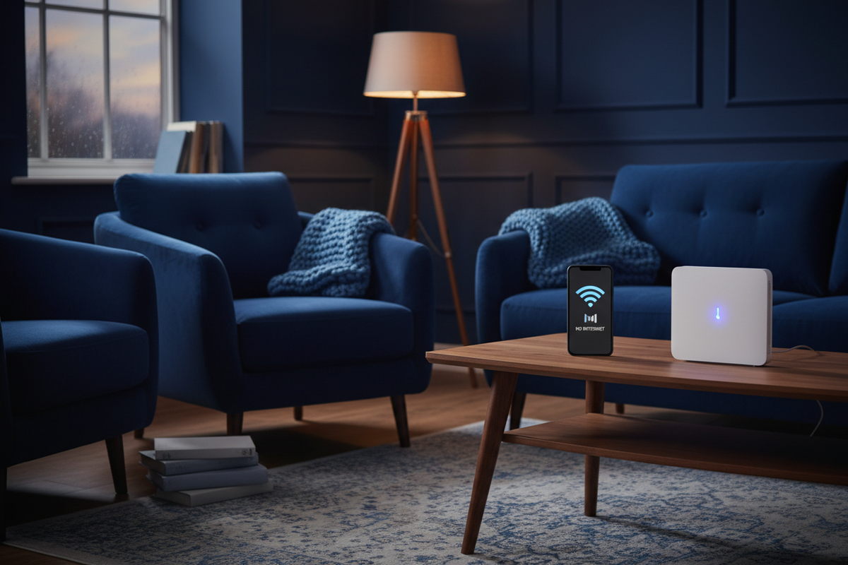 A home living room with a router showing weak Wi-Fi signal