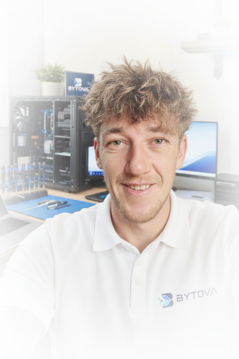Leighton, founder of Bytova IT Support, in his computer repair workspace